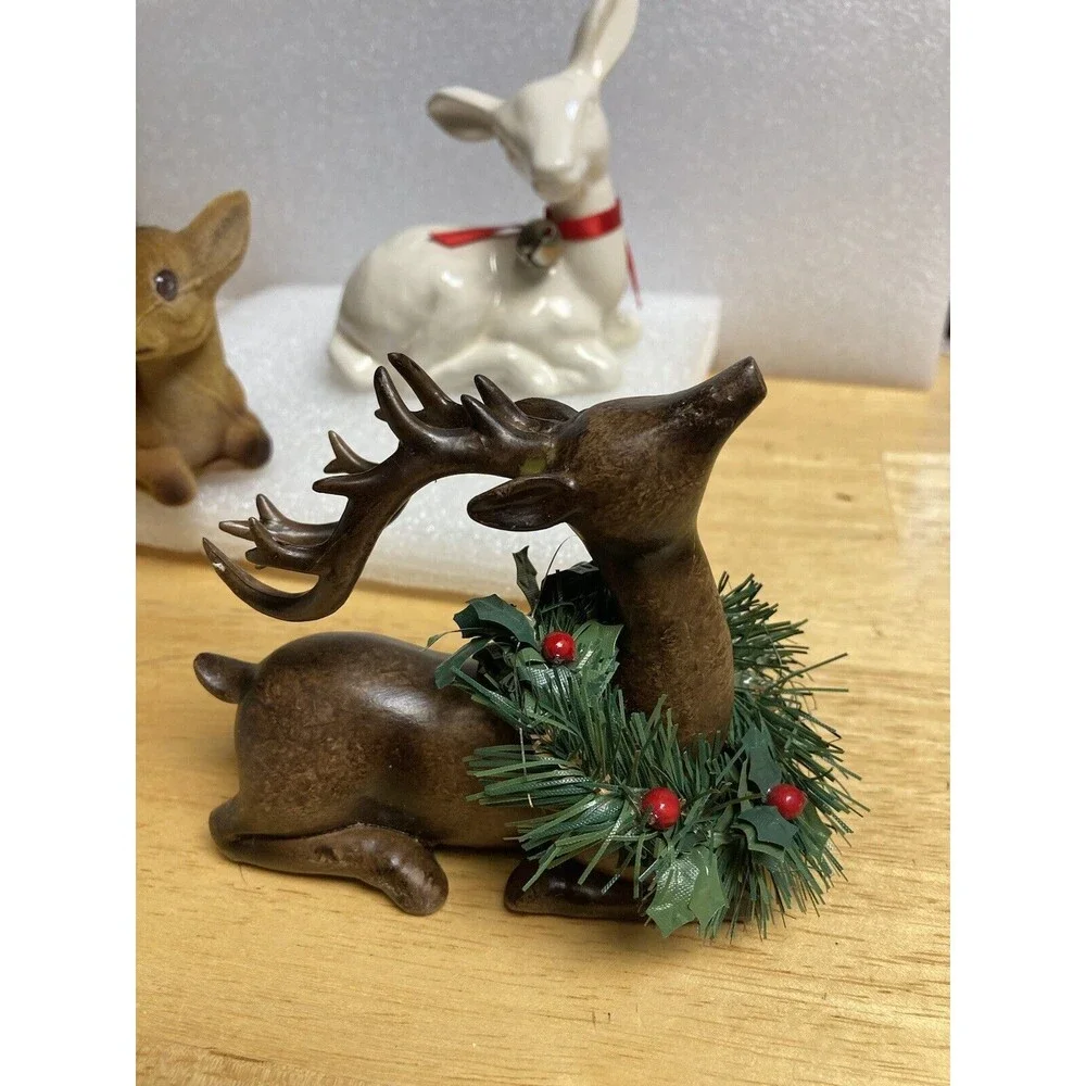 Vtg Lot 3 Deer Figurines Holiday Christmas Ceramic Wood Flocked Sitting Decor